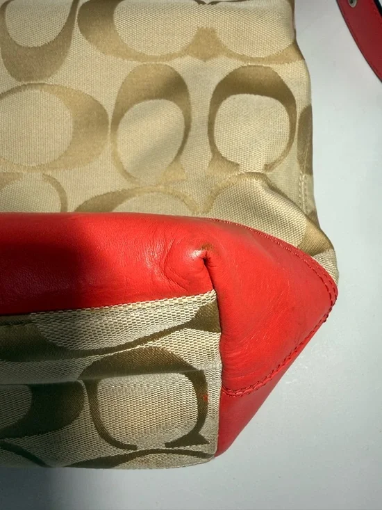 Coach Signature Canvas Red Leather Trim Large Shoulder Bag Hobo Tassel - Picture 15 of 16